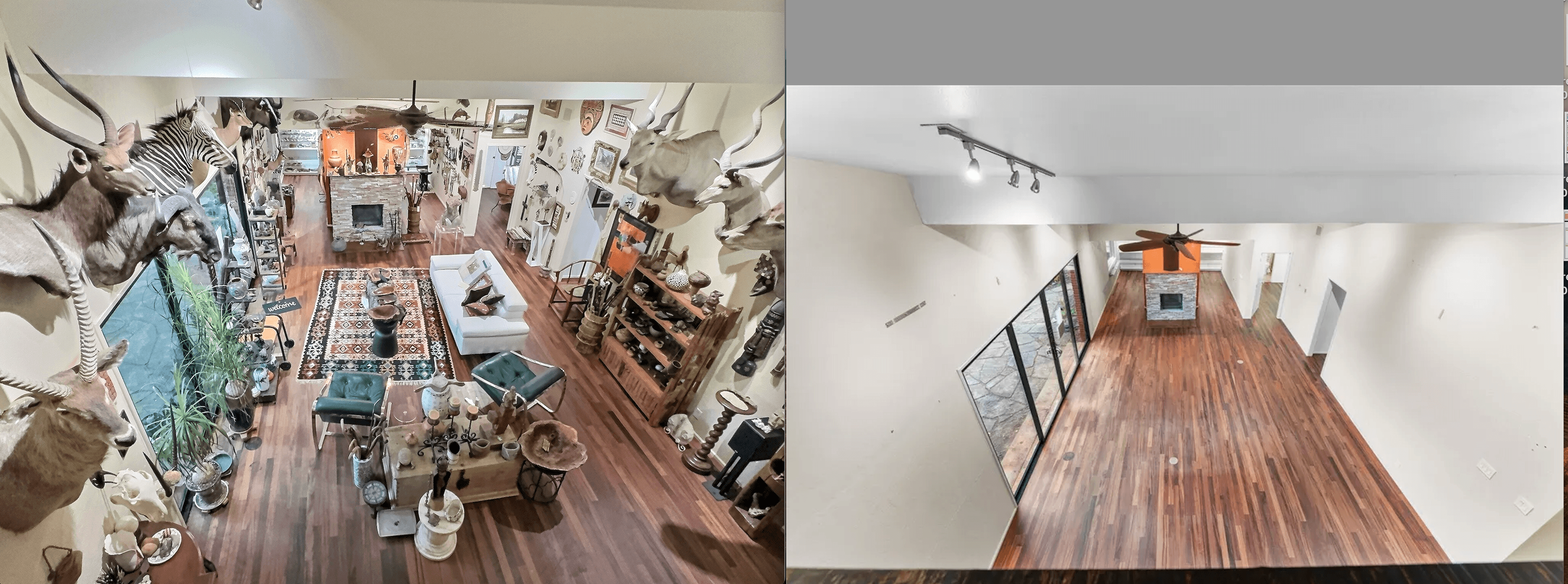 Before and after an estate project handled by Malone: a living room filled with furnishings and collections, then cleared of its contents