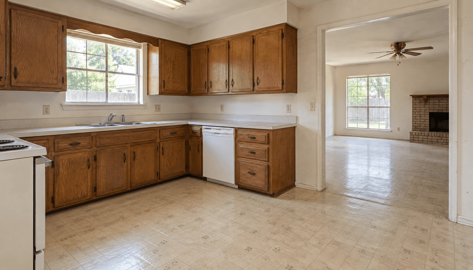 Illustrative older home interior with dated cabinets and flooring