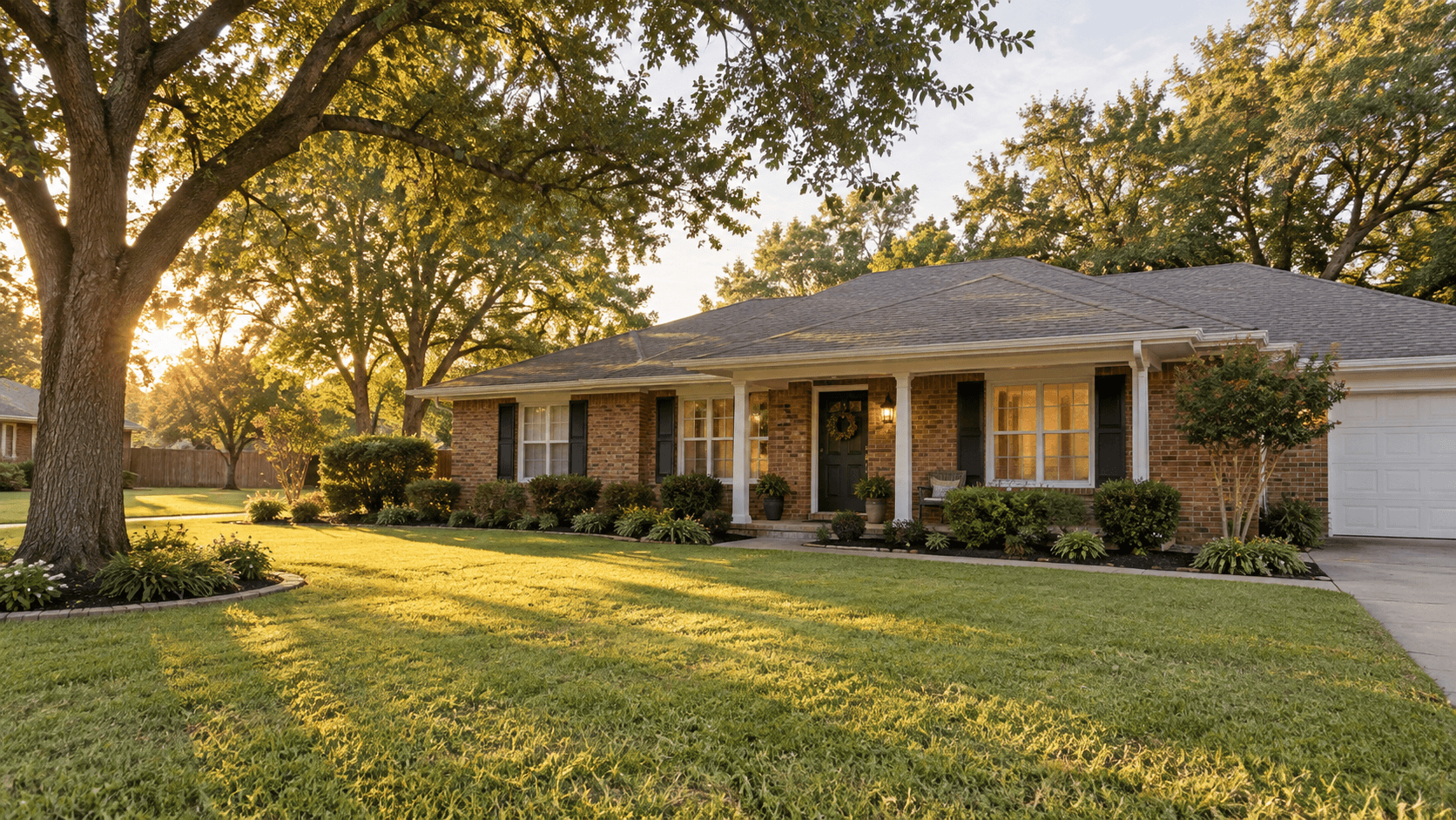 Representative brick home with a shaded front lawn